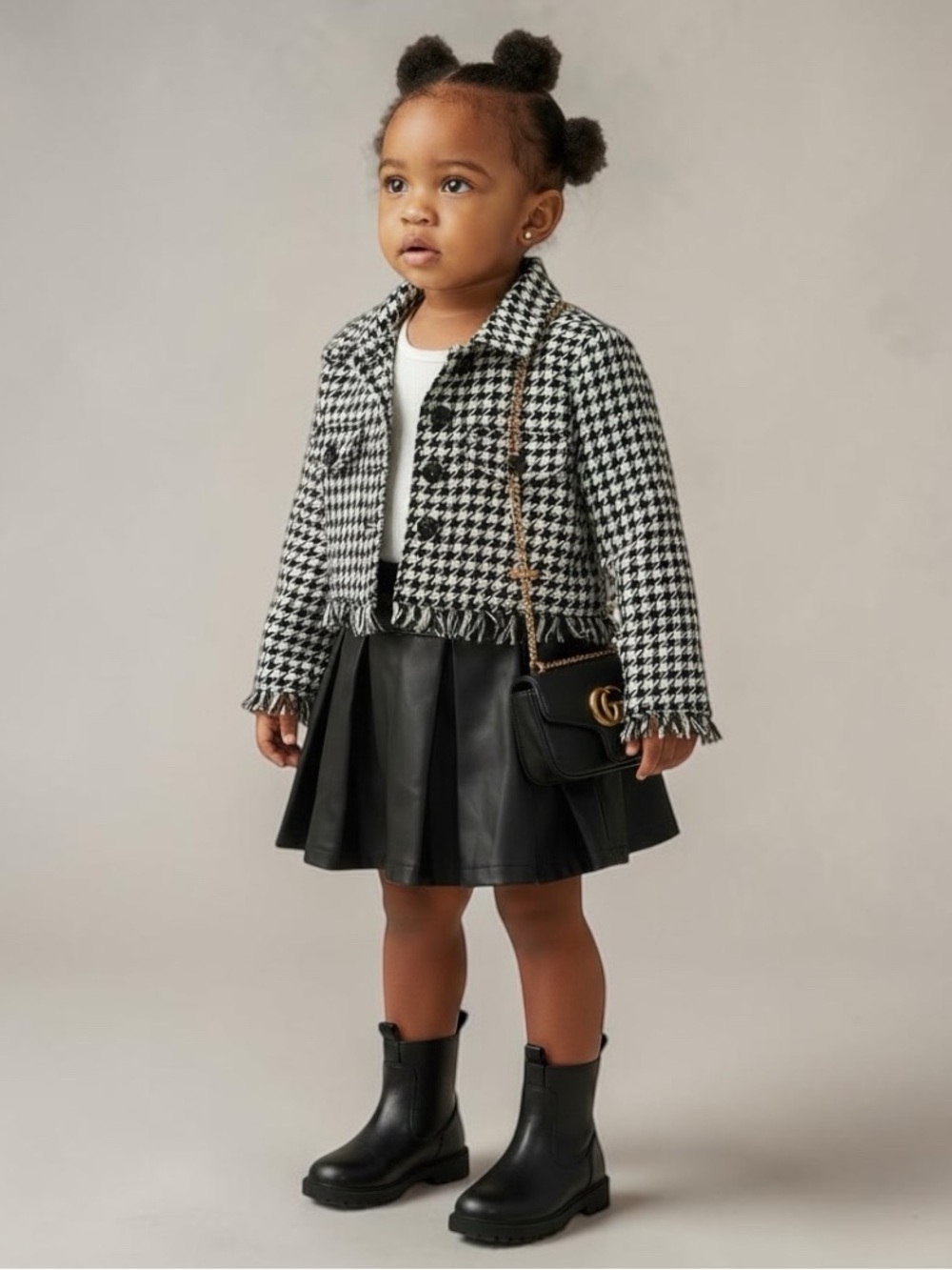 Tahari Black & White Houndstooth Fringe Jacket with Dress Set for Girls